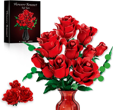 Red Rose Flower Bouquet Building Set - Compatible with Lego Flowers for Adults Women Couple Wife Girlfriend Mom, Artificial Botanicals Valentines Home Office Table Centerpiece Decor