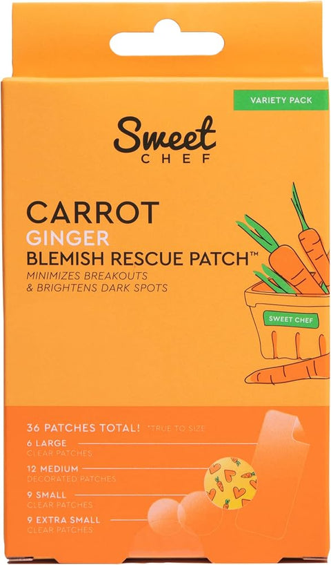 Sweet Chef Carrot Ginger Rescue Blemish Patches - Hydrocolloid Bandages Spot Treatment - 4 Different Shape and Size Pimple Patches with Resurfacing Carrot & Brightening Ginger (36 Patches)