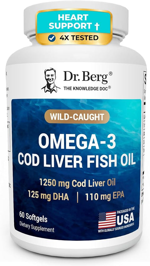 Dr. Berg Omega-3 Cod Liver Fish Oil 60 Softgels – Wild-Caught Icelandic Cod – Omega 3 EPA & DHA – Heart, Brain, Immune & Eye Support* – Lemon Flavor – 4X Lab-Tested – Non-GMO, No Fillers
