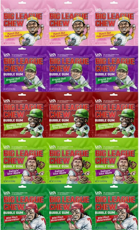 Variety Pack Big League Chew Bubble Gum, 15 Pack (2.12 oz Total), Classic Chewing Gum for Kids and Adults, Fun Shredded Bubble Gum Snack Packs, Assorted Flavor Mix