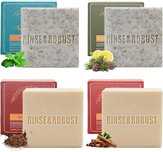 Rinse & Robust Mens Bar Soap Cleansing Bar Moisturizing & Exfoliating Scrub Soap Gift Set for Men | 4 in 1 Face Body Hand Beard Wash | Cinnamon, Lemon Cedar, Mint Ice Chips, Tobacco | 5.3 oz of 4 Bars