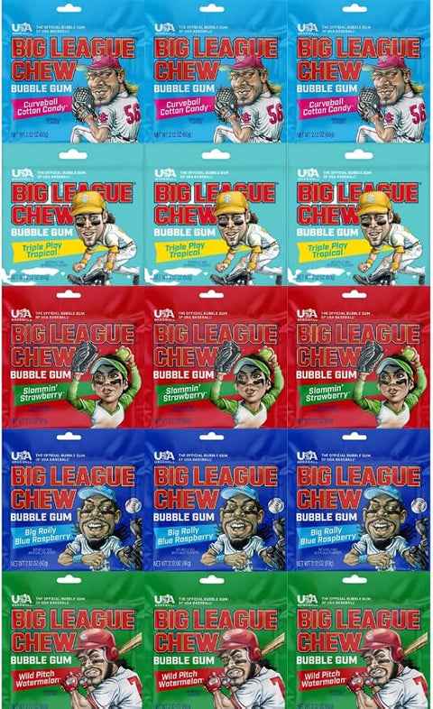 Variety Pack Big League Chew Bubble Gum, Soft Shredded Chewing Gum Pouch, Bulk Pack of 15, Classic Baseball Style Bubble Gum for Kids and Adults, Fun Chewy Candy Snack