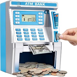 BAODLON Blue Piggy Bank for Kids, ATM Machine Bank for Real Money with Debit Card, Bill Feeder, Coin Recognition, Balance Calculator, Electronic Savings Safe Box, Cool Stuff Toys Gifts for Teen Girl