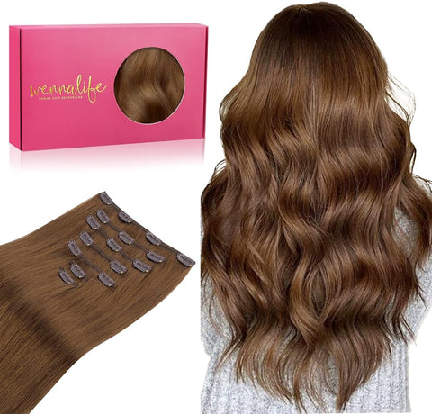 WENNALIFE Clip in Hair Extensions Real Human Hair, 18 Inch 120g 7pcs Human Hair Extensions Clip In Human Hair, Light Auburn Brown Hair Extensions Clip In Real Hair Coloured Remy Human Hair Extensions
