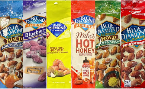 Diamond Almonds Variety Pack, Hot Honey, Spicy Dill Pickle, Salt 'n Vinegar, Blueberry, Wasabi & Soy Sauce, Smokehouse, 1.5 oz Bags, 6 Pack