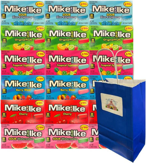 Variety Pack Mike and Ike Candy 18 Pack, 6 Flavors: Sour Blue Raspberry, Tropical Typhoon, Original Fruits, Berry Blast, Cherry, Sour Watermelon, 3 Each Flavor, Blue Paper Gift Bag