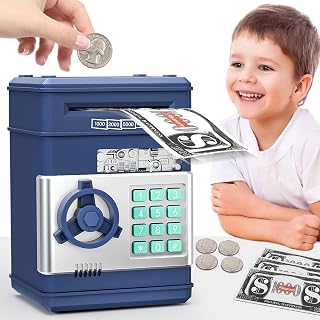Piggy Bank Toys for Boys 6-8, Birthday Gifts for 6 7 8 10 11 12 Year Old Boys & Girls, Kids Safe Money Bank with Password, Educational Savings Toy for Kids Ages 5-12 (Navy)