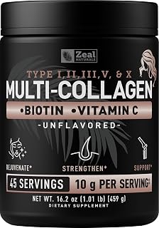 Zeal Naturals Multi Collagen Protein Peptides Powder Types I II III V X - Vitamin C, Biotin & Hyaluronic Acid - Hair, Skin & Nails - Marine, Bovine, Chicken & Eggshell - Unflavored, 45 Servings
