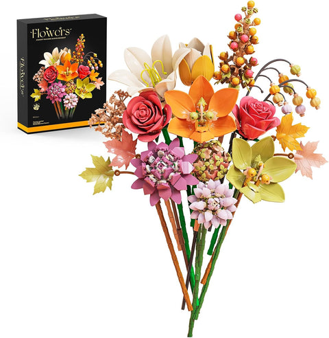 Autumn Flower Bouquet Building Set 813PCS, Artificial Flowers Botanical Collection Home Decor for Women Adults, Rose Building Blocks Gifts for Mothers Day Birthday Christmas Valentines Party