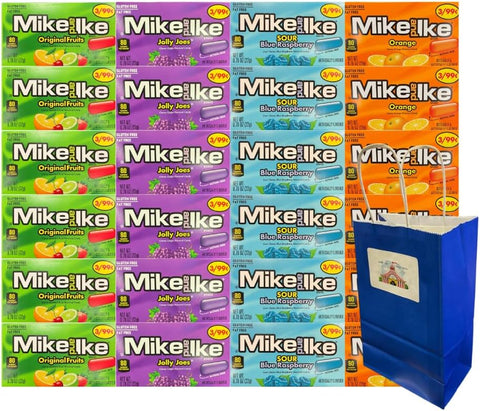 Big Top Deals USA 5.25x3.2x8 Blue Paper Gift Bags with Mike and Ike Candy 6 Each of 4 Assorted Flavors, Individually Wrapped 0.78 oz, 24 Pack