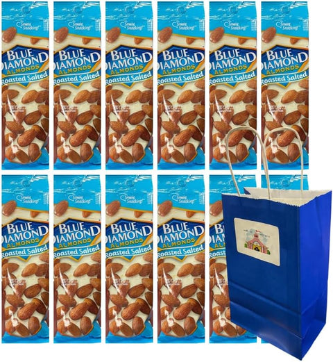 Big Top Deals USA Blue Paper Bag 5.25x3.2x8 with 12 Pack Diamond Almonds Roasted Salted 1.5oz Each – Crunchy Almond Snacks – On-the-Go Nut Snack Pack – Gifting, Events, Parties