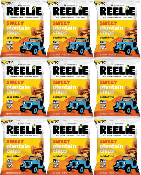 Sweet Plantain Chips Reelie Sweet Flavor 2 oz Bags 9-Pack | Crispy Crunchy Snack, Gluten Free, Non-GMO, Vegan Friendly, Bulk Pack Ready-to-Eat Healthy Snack