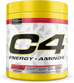 C4 Energy + Aminos Powder for Muscle Recovery, Fruit Punch, 30 Servings