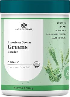 Nature Restore Organic Greens Powder (8 oz). 100% Pure Grown in USA Kale, Wheatgrass & Barleygrass. Alkalizing Morning Green Juice Shot & Digestive Support. No-Mess Juicer Alternative, Gluten-Free