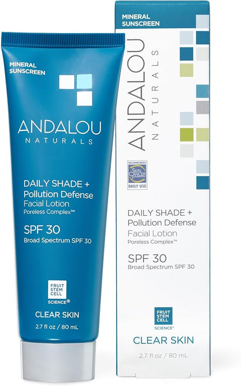 Andalou Naturals Daily Shade Face Sunscreen, SPF 30 Zinc Oxide Mineral Sunscreen, Sun + Pollution Defense Face Lotion, Helps Minimize Look of Pores, Matte Finish & Lightweight - 2.7 Fl. Oz.