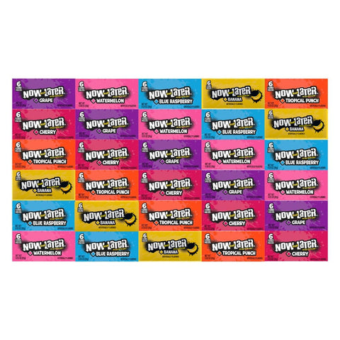 Variety Pack Now and Later Candy, 30 Individually Wrapped Pieces, 5 Each of Cherry, Grape, Tropical Punch, Banana, Blue Raspberry, Watermelon, 0.93 oz, Bulk Assortment for Candy Lovers