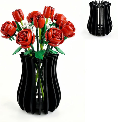 Wooden Vase for Lego Flowers, Puzzle Lego Vase for Rose Flower Bouquet Building Set, Black Display Stand for Lego Botanicals Flower Lovers, DIY Gift for Mom and Kids Friends