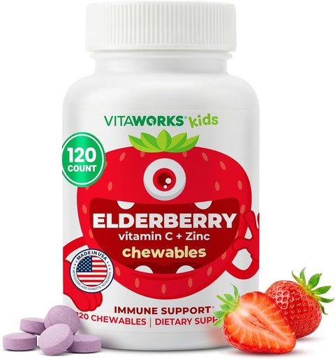 VitaWorks Kids Elderberry Vitamin C and Zinc Chewable Tablets, 120 Count