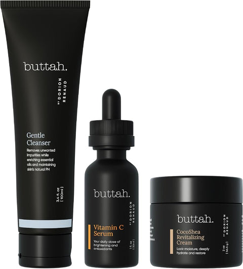 Buttah Skin 3pc Transforming Skincare Kit for Melanin | Rich Skin Revitalizing CocoShea Cream Moisturizer 2 oz | 15% Vitamin C Serum 1 oz | Buttah Cleanser 3.4 oz | Black Founded Skincare