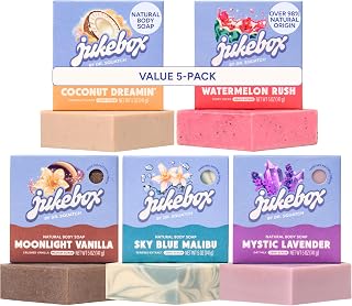 Jukebox Natural Women’s Bar Soap – Creamy Lather – Shower & Bath Soap, Sky Blue Malibu + Watermelon Rush + Coconut Dreamin' + Moonlight Vanilla + Mystic Lavender, 5oz
