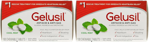 Gelusil Antacid & Anti Gas Tablets for Heartburn Relief, Acid Reflux, Bloating and Gas, Cool Mint - 100ct Blister Pack, 2 Count