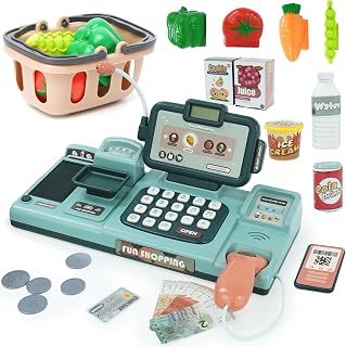 Kids Cash Register Toy with Sound Scanner - Pretend Play Shopping Set Include Food, Shopping Basket, Play Money & Credit Card, Ideal Gift for Boys Girls Ages 3-8