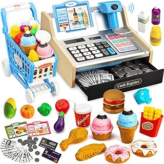 Wooden Cash Register for Kids with Shopping Cart Kid Cash Register with Scanner Gift for Kids Age 3 4 5 6 7 8 9 Year Old Pretend Play for Kids Toys for 3-12 Year Old Boys