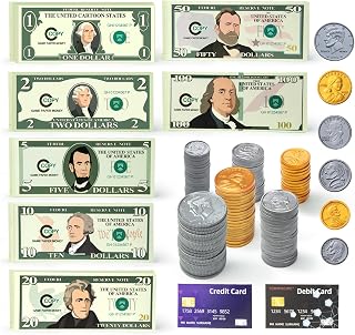 Play Money Set for Kids with Bills & Coins,Pretend Play Cash for Homeschool, Game Currency for Education, Board Games