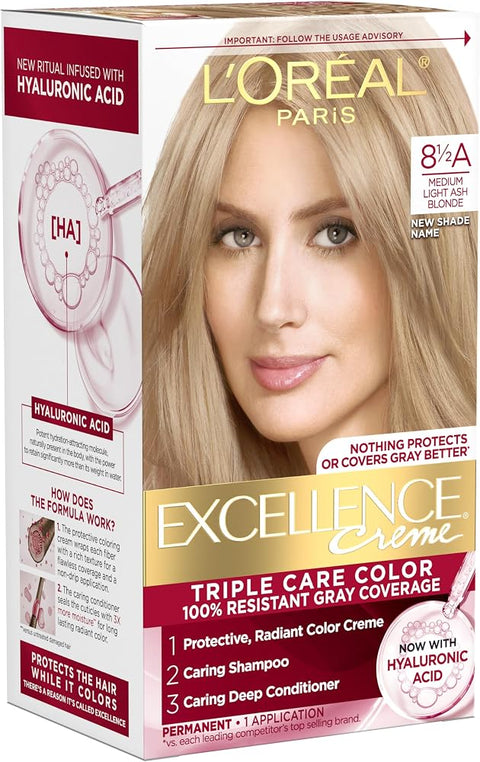 L'Oreal Paris Excellence Crème Permanent Hair Dye, Triple Care Hair Color with Hyaluronic Acid for 100% Gray Coverage, 8.5A Medium Light Ash Blonde, 1 Kit (Packaging May Vary)