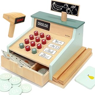 PairPear Wooden Cash Register with Scanner Kids Play Money Counting Toys