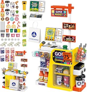 RedCrab 65PCS Cash Register Playset for Kids - Grocery Store Supermarket Playset with Play Money, Calculator, Scanner, Credit Card & Play Food, Educational Role Play Toy for Boys Girls Ages 3+