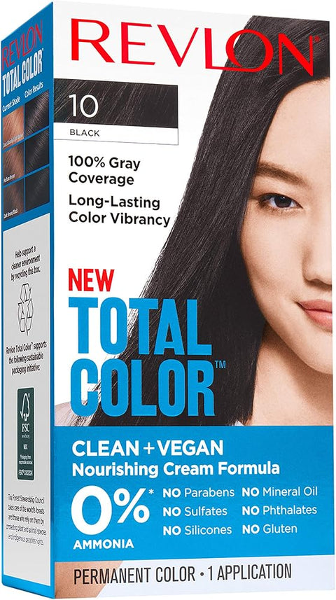 Revlon Permanent Hair Color, Permanent Hair Dye, Total Color with 100% Gray Coverage, Clean & Vegan, 10 Black, 10.2 Oz