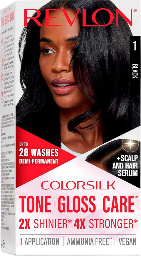 Revlon ColorSilk Tone + Gloss + Care Demi-Permanent Hair Color, 1 Black - Personal Care