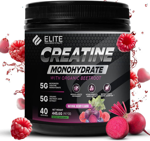 Elite Wellness Berry Flavor Creatine Monohydrate with Organic Beetroot Supplement - Supports Muscle Strength, Stamina, Cognitive Function & Athletic Performance, Gluten & Dairy Free, NSF Qualified