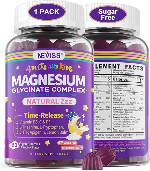Magnesium Glycinate Gummies for Adults & Kids 4+, Sugar Free Magnesium Bisglycinate Supplement 400/200mg with B6 D3, L-Theanine for Zzz & Relaxation, Brain, Melatonin Free Gummies,1Pack