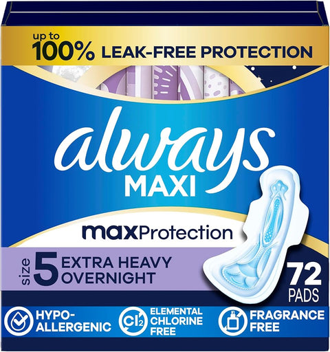 Always Maxi Overnight Pads with Wings, Size 5, Extra Heavy Overnight, Unscented, 72 Count - Personal Care