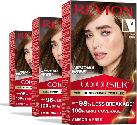 Revlon ColorSilk with Bond Repair Hair Color, 51 Light Brown, 3pk