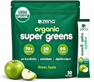 Zena Nutrition Organic Super Greens Powder, Green Apple, 30 Packets