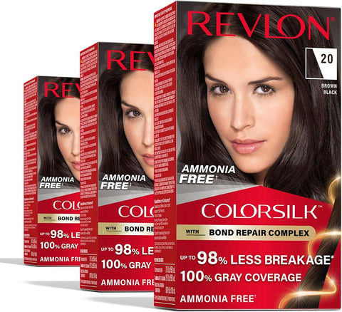 Revlon ColorSilk with Bond Repair Hair Color, 20 Brown Black, 3pk - Personal Care