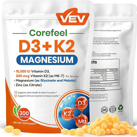 Vev Corefeel Vitamin D3 K2 10,000 IU Magnesium Supplement, 300 Softgels - Personal Care