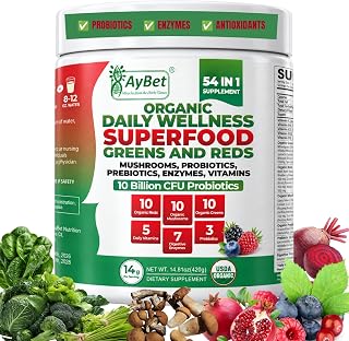 Organic Daily Wellness Superfood Greens & Reds Powder, 10 Mushrooms, 10 Billion CFU Probiotics, Prebiotics, Digestive Enzymes, Vitamins, USDA Organic, Halal, 30 Servings