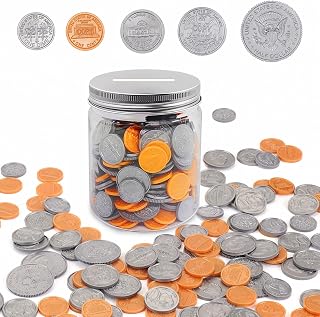 Play Money Coins for Kids, Fake Money Coins with Coin Jar, Realistic Teaching Pretend Fake Money Coins Set, Plastic Toy Prop Fake Money Coins for Kids Learning Education Party, 250pcs