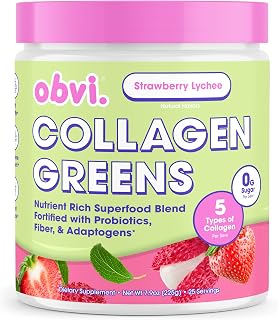 Obvi Collagen Greens | Organic Greens Superfood Powder with Collagen Peptides | Probiotics for Gut Health, Skin, Hair, Nails | Gluten-Free, Zero Sugar | Strawberry Lychee Flavor, 25 Servings