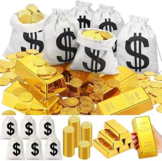 Liliful 100 Pcs Plastic Gold Coins 6 Fake Gold Bars 6 Canvas Money Bags
