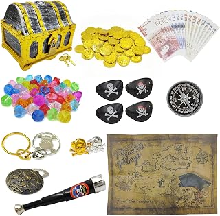 128 Pieces Kids Golden Frame Pirate Treasure Chest Toy Set Vintage Pirate Pretend Toys Include Coins, Jewels, Paper Play Money etc. for Role Play Treasure Hunting Game for Kids