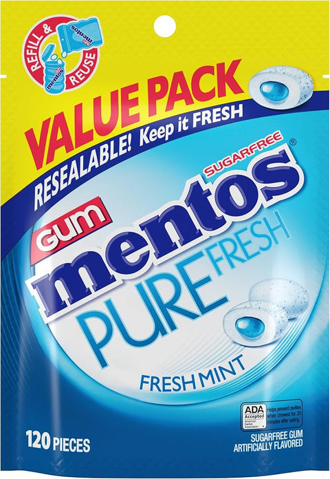 Mentos Pure Fresh Sugar Free Gum With Xylitol, Fresh Mint, 120 Piece Bag