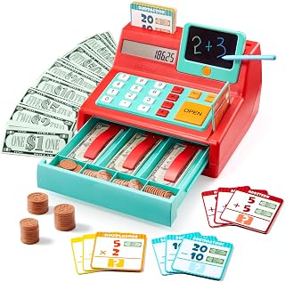 lalalark Cash Register Toy for Kids – Detachable Write & Erase Pad, Play Money, Credit Card, Grocery Store Playset, Preschool Activities, Educational Learning Toy, Birthday Gift