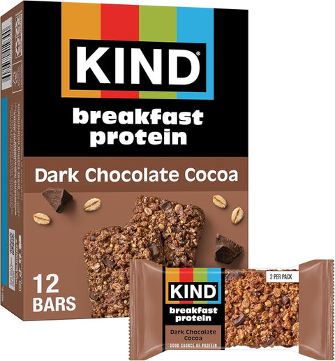 Kind Breakfast Protein Bars, Dark Chocolate Cocoa, Gluten Free, Low Sodium, Healthy Snacks, 8g Protein, 6 Count (6 Packs of 2 Bars) - Personal Care