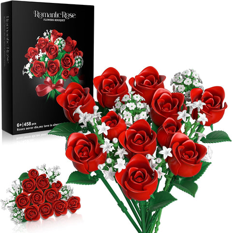 Red Rose Flowers Bouquet Building Set - Valentine's Day Gift Compatible with Lego Flowers for Adults Women, Collection Christmas Mother's Day Valentine's Gifts Home Decor