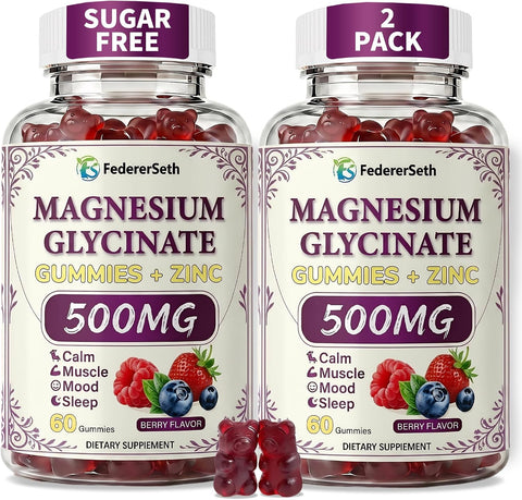 (2 Pack) Magnesium Glycinate Gummies 500mg with Zinc for Women & Men | Supports Calm, Muscle Relaxation & Daily Stress Relief | High Absorption Chelated Magnesium | Zero Added Sugar | 120 Gummies